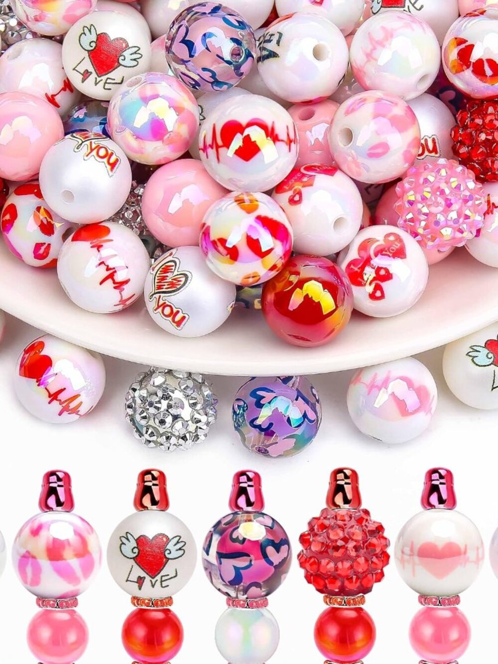 50pcs 16mm Valentine's Day Acrylic Beads, Red Pink Love Heart Lips Bubblegum Chu
